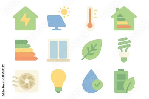 Eco-friendly energy solutions vector illustration: sustainable icons for design, flat style