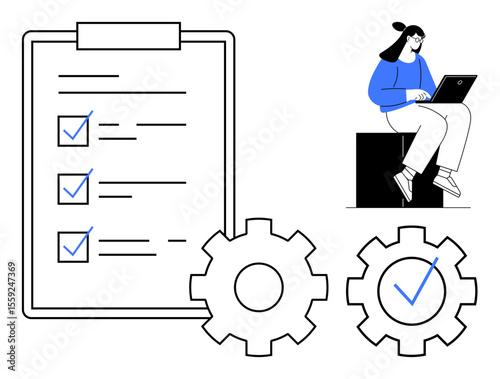 Checklist with completed tasks, large settings gears, and a person working on a laptop. Ideal for productivity, workflow, task planning, process management, project efficiency, team collaboration