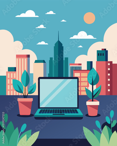 The bustling city couldnt dim the peacefulness of the laptop resting on the rooftop garden.. Vector illustration
