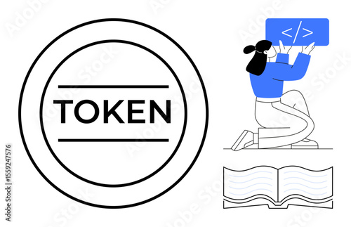 Circular blockchain token, woman coding on a screen, and an open book. Ideal for blockchain, coding, education, technology, cryptocurrency, software development simple landing page