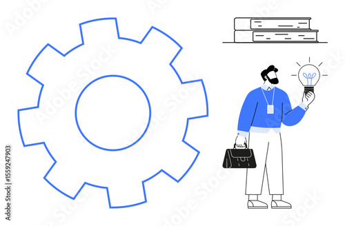 Large gear for process, man holding light bulb for innovation, briefcase for professionalism, and books for knowledge. Ideal for business, education, engineering, creativity, project management