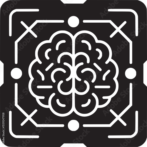 Stylized brain icon centered in a black square with connected lines and white circle accents