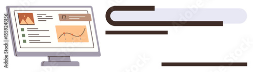 Desktop screen showing graphs, charts, list view, and visual content. Ideal for education, data analysis, e-learning, online research, digital tools productivity enhancement modern learning