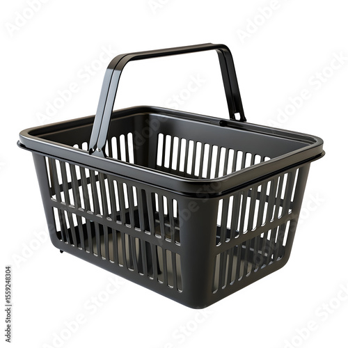 A sleek black plastic shopping basket with a comfortable handle isolated on transparent background