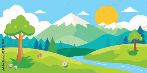 blank meadow landscape and river at sunset time