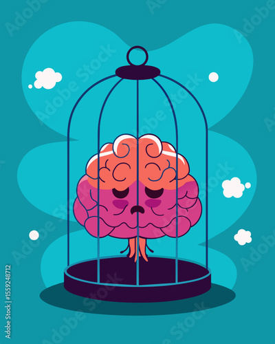 The suffocating grip of anxiety keeping the brain locked in a cell of unease.. Vector illustration
