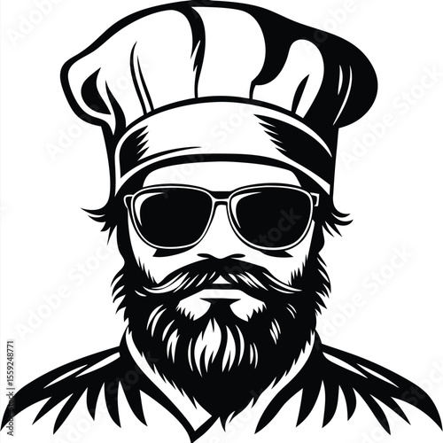 Bearded chef wearing glasses and a chef's hat appears stylish in black and white