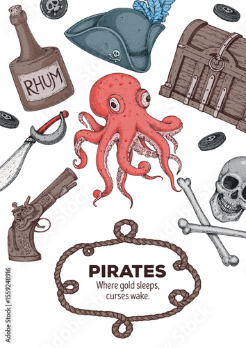 Pirate adventure frame. Hand drawn vector illustration. Sea design template. Hand-drawn elements for pirate-marine theme design.