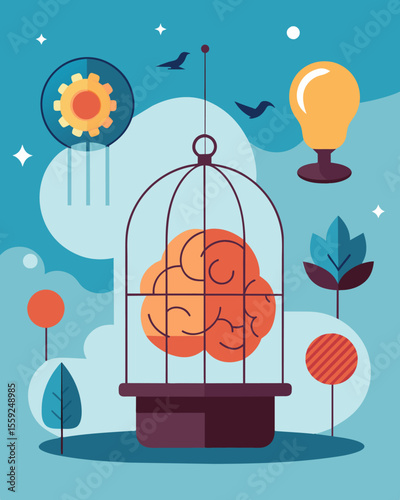The captivity of limited beliefs preventing the brain from exploring new possibilities.. Vector illustration