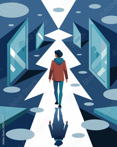 Walking through a maze of mirrors the person sees their own reflection surrounded by endless versions of themselves each one doubting them in a different way.. Vector illustration