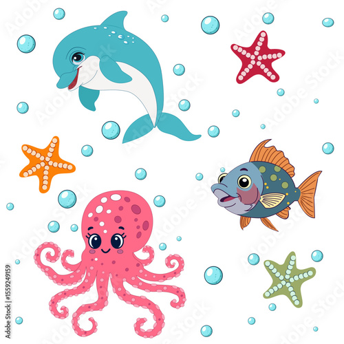 Colorful cartoon sea animals: a smiling dolphin, cheerful octopus, cute fish, and starfish with bubbles all around. A playful underwater scene perfect for kids and ocean-themed designs.