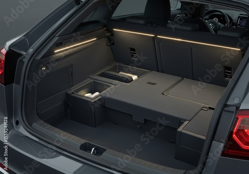 The open trunk of a modern dark-colored car, revealing a well-organized storage space with modular compartments and illuminated led lights. It highlights practical design and functionality for luggage