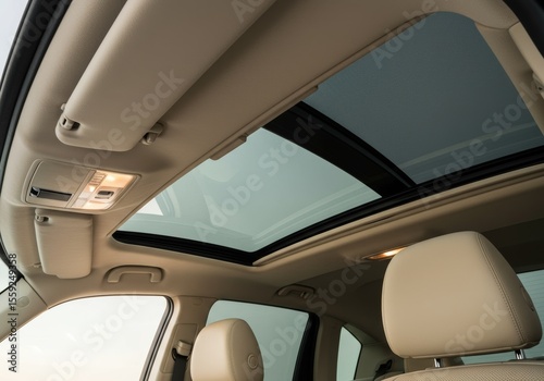The interior of a modern car, showcasing a panoramic sunroof and the light-colored headliner and sun visors. The view emphasizes spaciousness and natural light within the vehicle.
