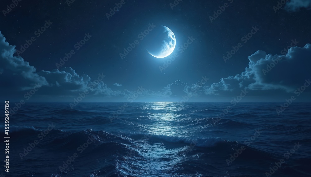 Fototapeta premium Illustration depicts a serene night seascape under a crescent moon. Ocean reflects moonlight with stars. Tranquil atmosphere, dreamy feel, perfect for meditation, travel themes.