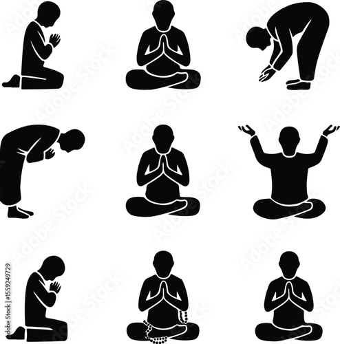 Prayer Pose Vector Icons – Religious & Meditation Silhouettes Pack Prayer Pose Vector Icons – Religious & Meditation Silhouettes Pack