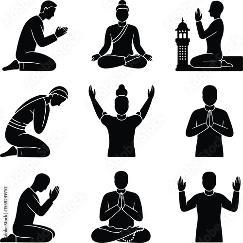 Prayer Pose Vector Icons – Religious & Meditation Silhouettes Pack Prayer Pose Vector Icons – Religious & Meditation Silhouettes Pack
