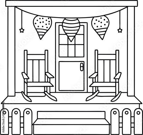 Charming Porch Scene featuring Rocking Chairs a Festive Garland and a Picket Fence Exuding a Cozy and Welcoming Ambiance