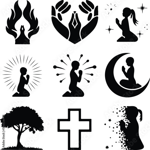 Prayer Pose Vector Icons – Religious & Meditation Silhouettes Pack Prayer Pose Vector Icons – Religious & Meditation Silhouettes Pack