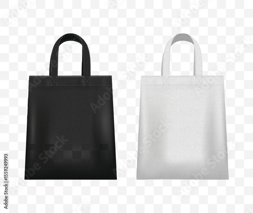 Canvas bag. mockup of fabric tote. Cloth totebag with handle. template of black and white cotton eco bag. Reusable tote for shopping. Blank mock for shopper. Ecobag for grocery. Vector illustration
