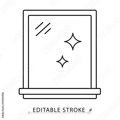 A clean window icon in minimalist style with editable stroke. Sparkling glass, hygiene symbol, transparent surface, household cleanliness, windowpane, sanitation element, outline vector illustration.