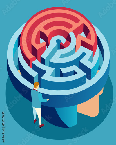 The mind maze is a neverending puzzle with no clear solution or escape leaving the person feeling perpetually confused and lost.. Vector illustration