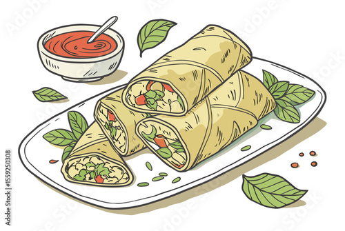 Hand drawn illustration of delicious spring rolls served on a white plate with dipping sauce and fresh basil leaves