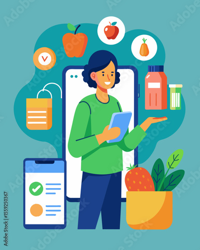 A household using a digital meal planning and grocery ordering app reducing food waste and unnecessary packaging from physical shopping.. Vector illustration
