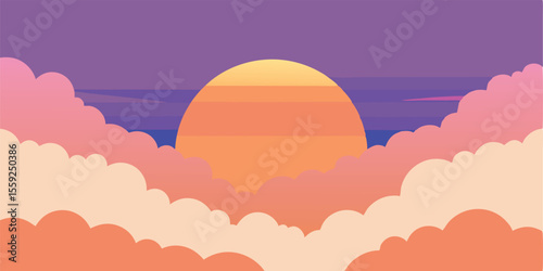 sunset sky sun peek fluffy clouds