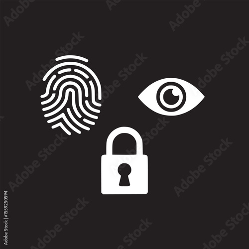 White fingerprint eye and padlock icons displayed against a black background for security themes
