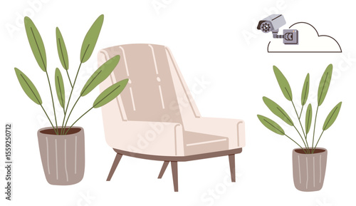 Minimalist armchair with two potted plants alongside a cloud-connected security camera. Ideal for interior design, home security, technology, comfort, privacy, modern living, simple flat metaphor