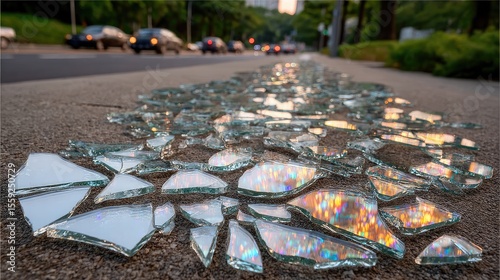 Shattered glass sparkles on asphalt, reflecting light amid blurred cars and buildings at sunset, crafting a vibrant urban scene