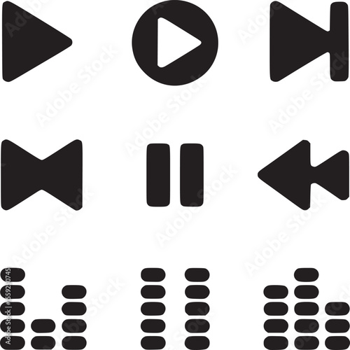 A collection of black media control icons including play pause rewind and volume indicators on white