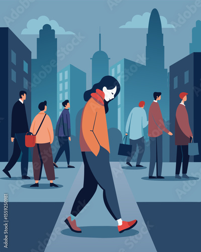 In a crowded city street a person walks with their head down struggling to drown out the echoes of criticism and negativity coming from the faces passing by.. Vector illustration