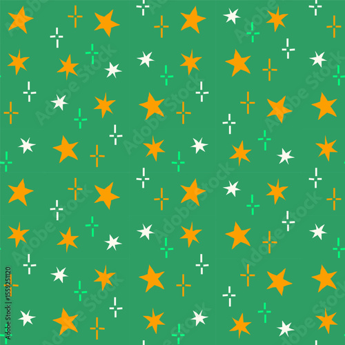Colorful star doodles seamless pattern on green background