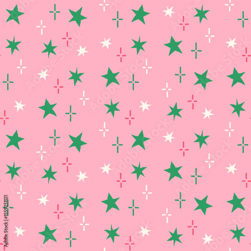 Colorful star doodles seamless pattern on pink background