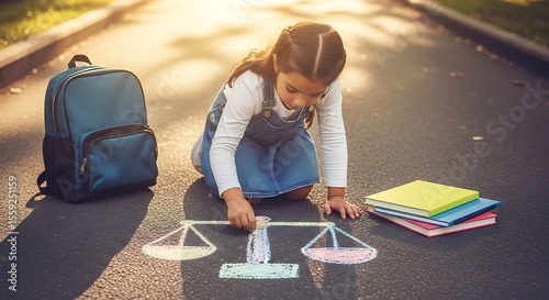 Childhood Justice A Girl's Chalk Drawing of Scales Symbolizing Equality and Fairness