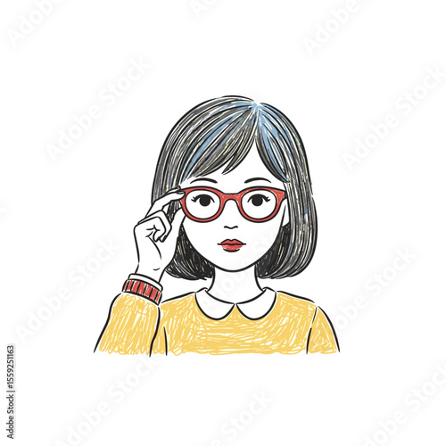 Young girl adjusting her glasses while wearing a yellow sweater  