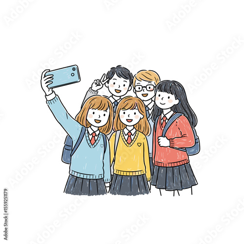 Group of cheerful students taking selfie in school uniforms  