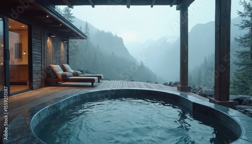 Mountain cabin hot tub overlooking misty mountain view. Wooden deck with chaise lounges. Spa relaxation in scenic forest environment. Luxury travel vacation, wellness, escape, home design.