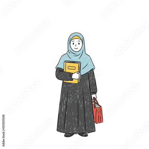 Young Muslim woman holding a book and bag with a smile  
