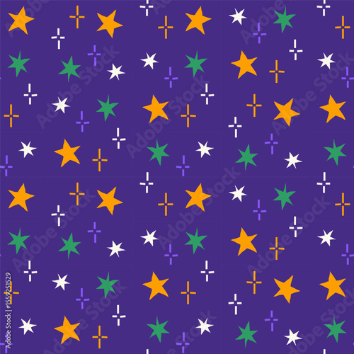 Colorful star doodles seamless pattern on purple background