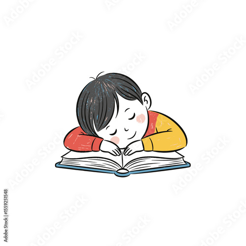 Young boy sleeping on an open book in colorful sweater  