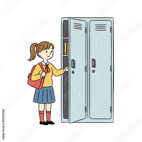Schoolgirl opening locker while standing in school hallway  