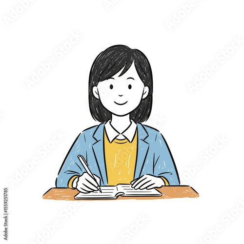Teaacher writing in notebook while sitting at a desk indoors  