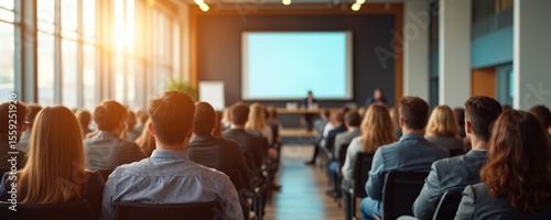 Audience listens speaker presentation conference hall. Business people attend meeting. Corporate training event, seminar, workshop. Modern education, technology, success, communication. Teamwork,