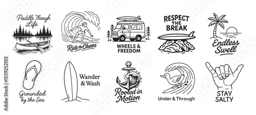 Surf and Beach Lifestyle Typography Line Art Retro Coastal Adventure Vector Illustration Set