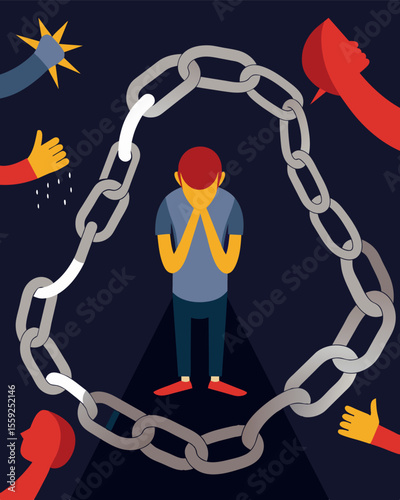 Metal chains with emotional abuse tactics written on them encircle a person ping them in a constant state of fear and selfdoubt.. Vector illustration