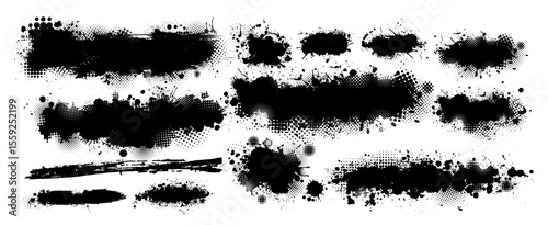 Set of blots. Splatter Paint Texture . Black Spray Blot of Ink. Place illustration Over any Object to Create Grungy Effect . hand drawn. Not AI, Vector