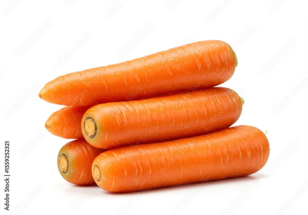 A small stack of five vibrant orange carrots isolated on white background A small stack of five vibrant orange carrots isolated on white background
