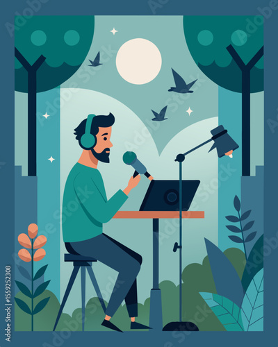 The sound of birds chirping and a gentle breeze through the trees provides the ideal background noise for a freelance musician recording in the lodges soundproof home studio.. Vector illustration